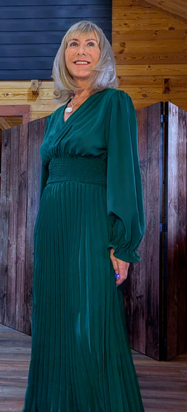 Laura Emerald Green Midi Dress – Shirred Waist & Pleated Skirt