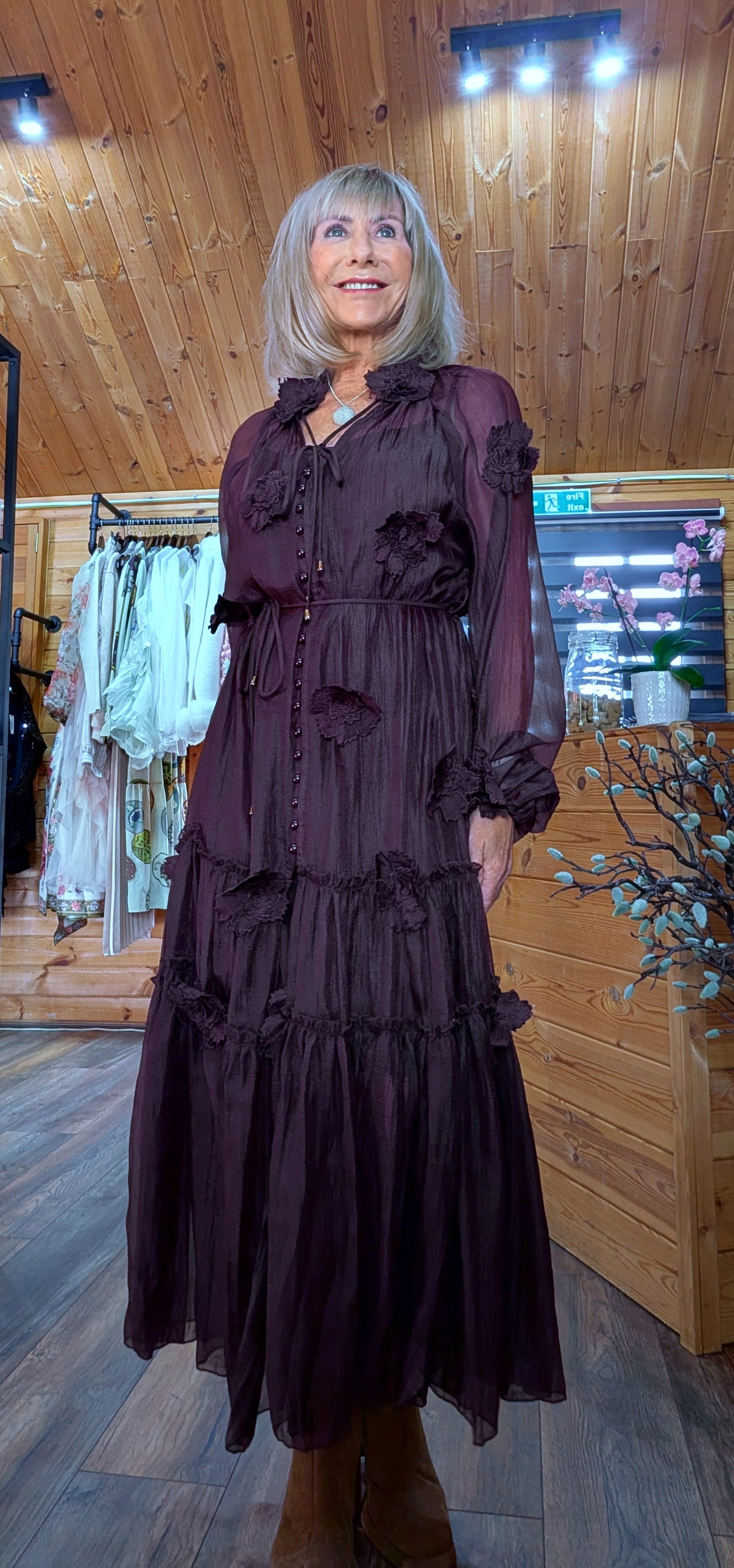 Gloria Coffee Tiered Dress – 3D Flowers -Tie Belt