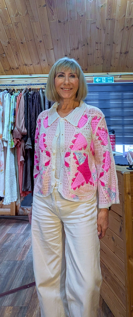 Helen pink and cream crochet-style cardigan with button front