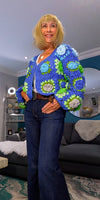 Fia Chunky Crochet Cardigan-– Blue & Green with 3D Flowers