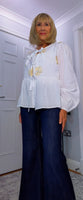 Melanie Cotton Smock Blouse – White or Cream with Gold Embroidery