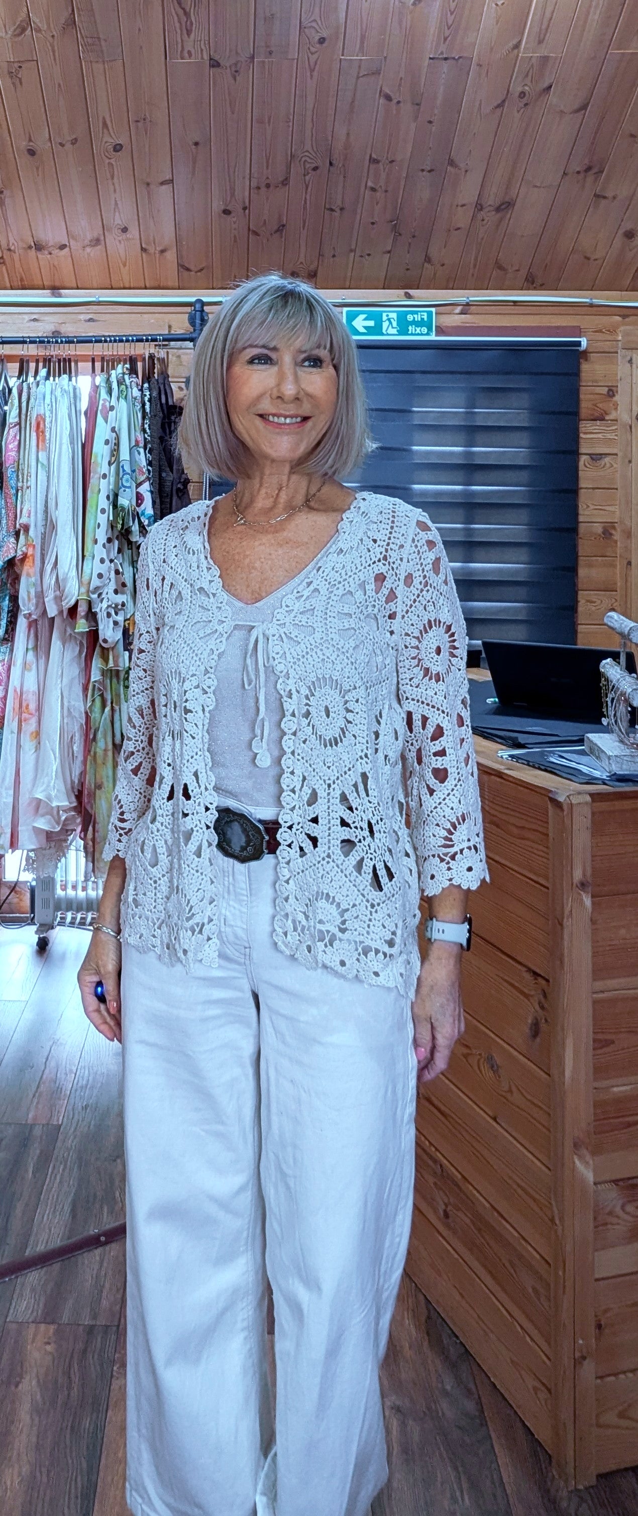 Summer cotton cardigan with crochet design