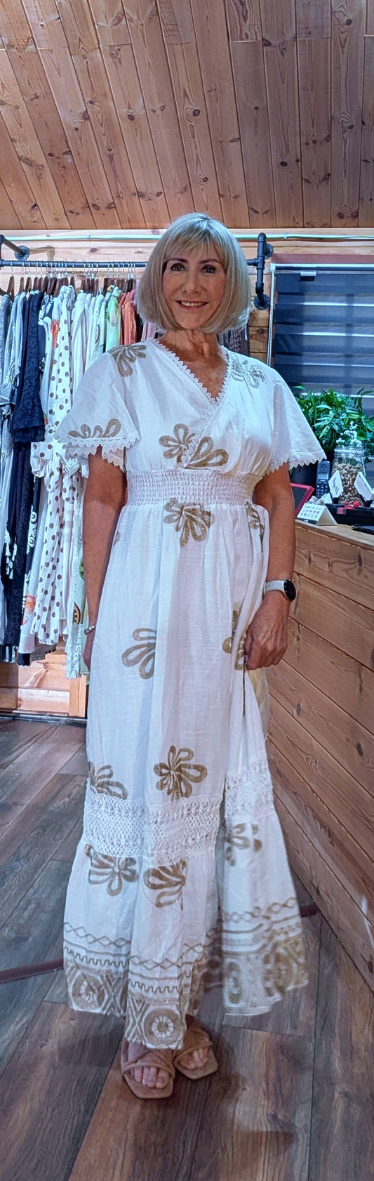 Trixiebelle White Cotton With Gold Embroidery Maxi Dress
