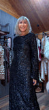 Juno Black Sequin Dress – Scoop Back with Pagoda Sleeves
