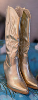 Blythe Cowboy-Inspired Boots in Metallic Gold