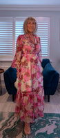 Luna Floral Crepe Maxi Dress – Pink & Green with Frill V-Neck