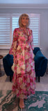 Luna Floral Crepe Maxi Dress – Pink & Green with Frill V-Neck