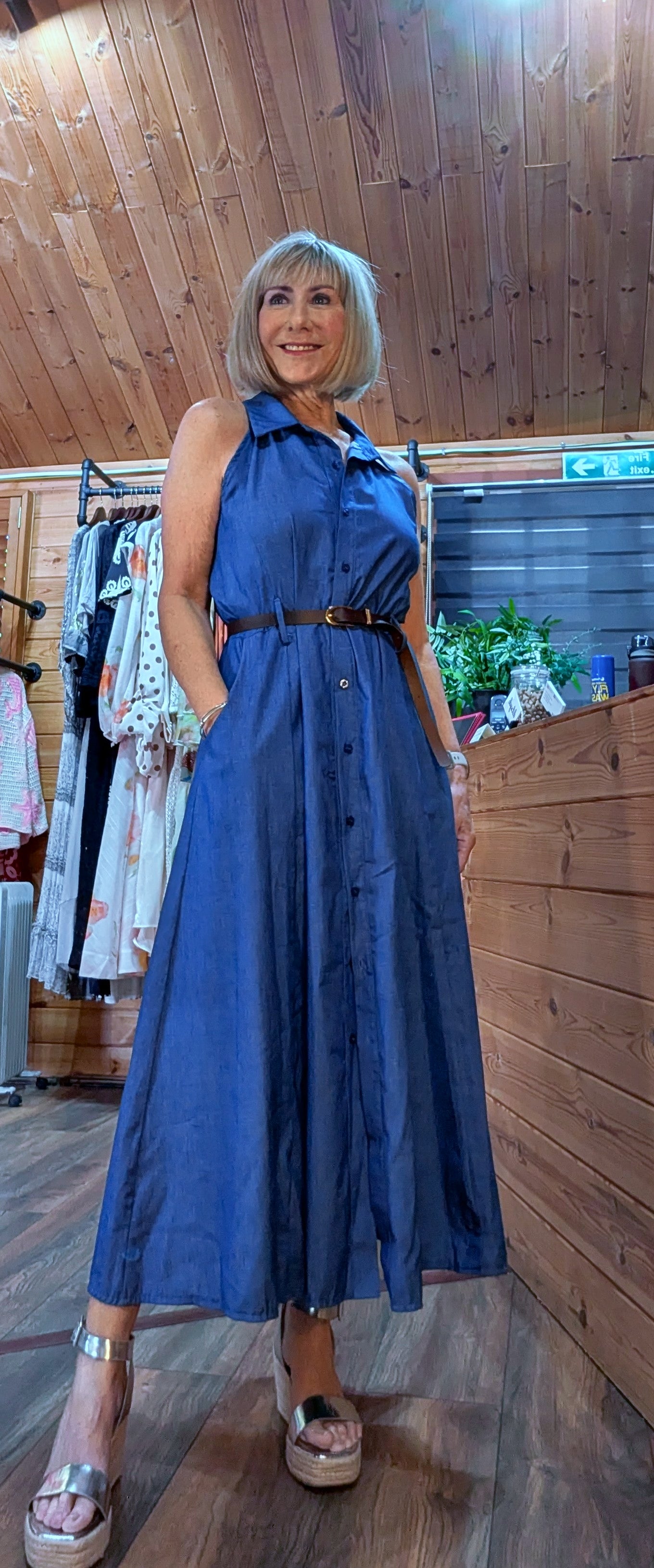 Raven sky blue sleeveless shirt dress for summer