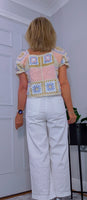 River Crochet Cardigan Cotton Knit with Embroidered Puff Sleeves