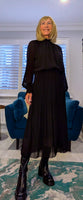 Zena Pleated Midi Dress – High Neck with Gold Button Detail