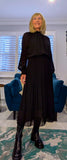 Zena Pleated Midi Dress – High Neck with Gold Button Detail