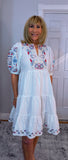 Bo Smocked Linen Cotton Dress – White with Pink & Blue Embroidery
