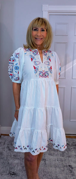 Bo Smocked Linen Cotton Dress – White with Pink & Blue Embroidery