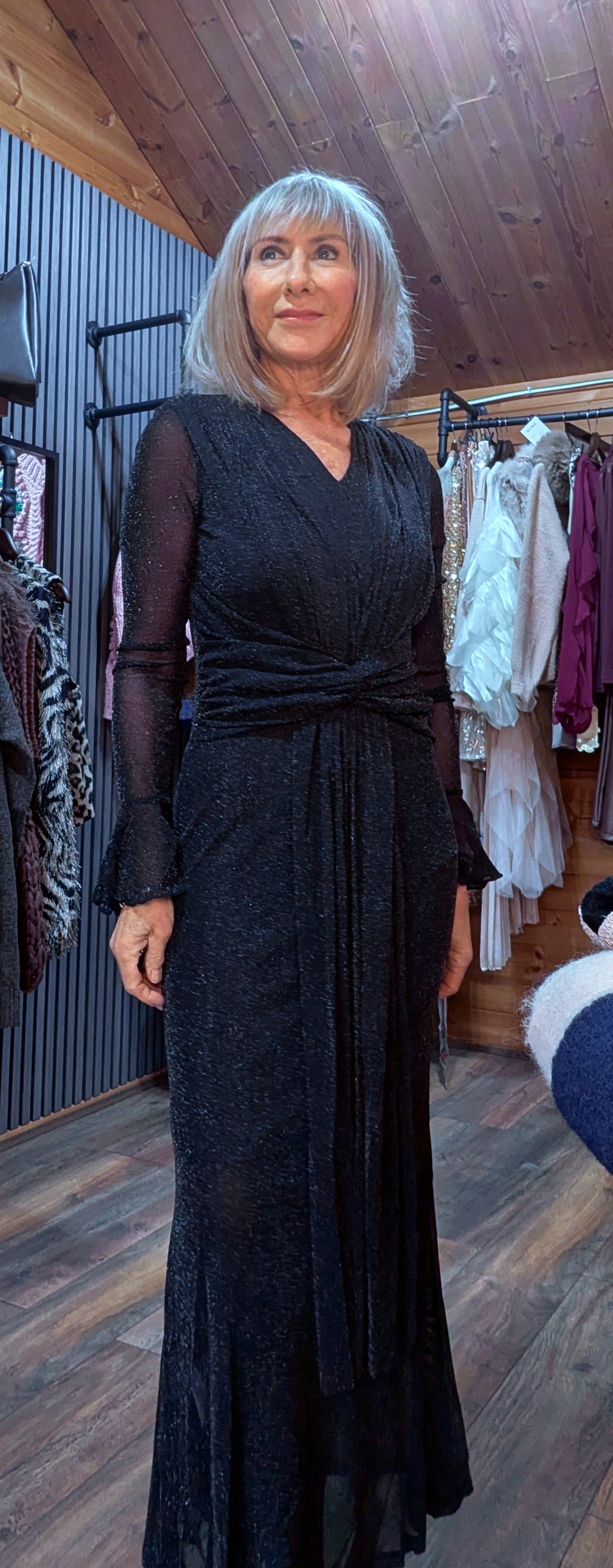 Shirley Black Glitter Mesh Dress – Draped Midi with Long Sleeves