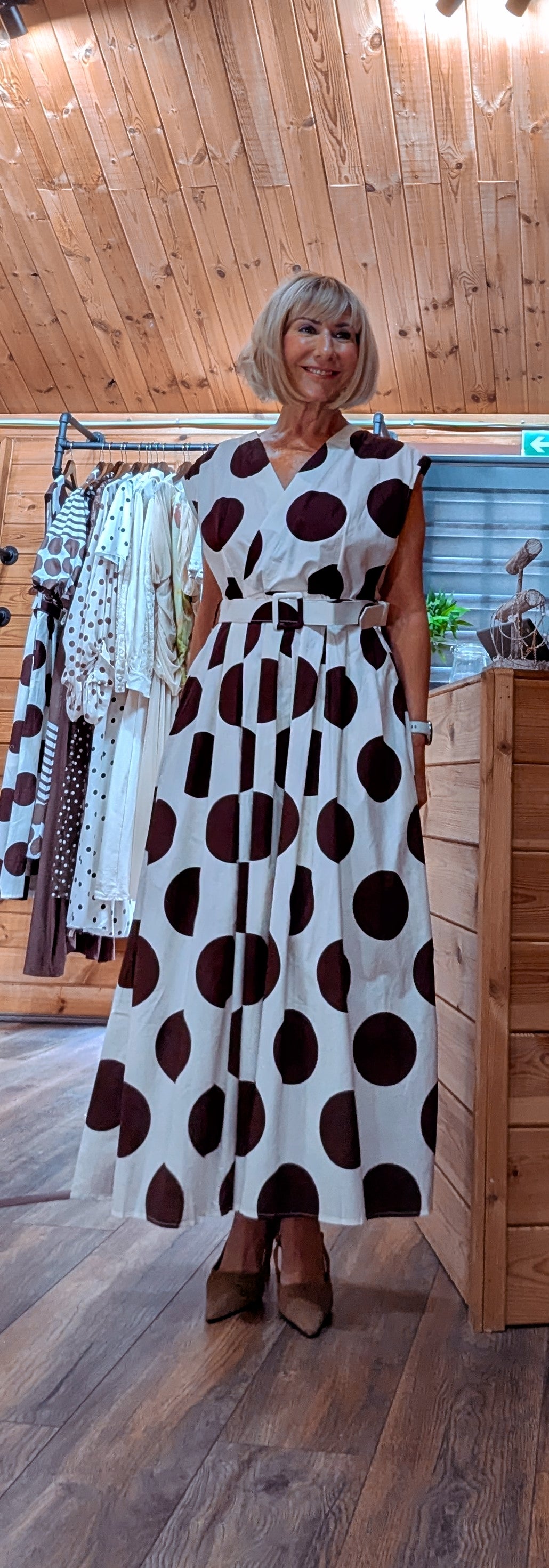Hilary Polka Dot Belted Maxi Dress – Cream & Brown