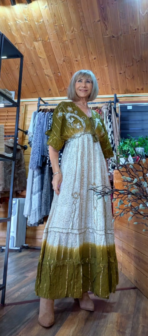 Tilda Olive & Ecru Embellished Maxi Dress – Dip Dye Tassel Boho Style