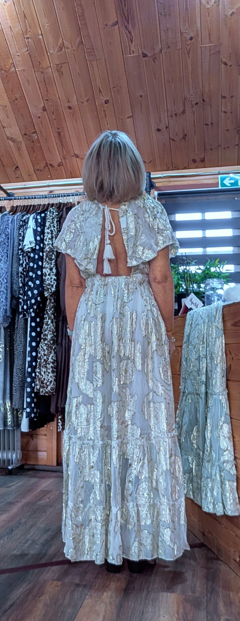Milana Gold Rose Embossed Bohemian Maxi Dress Saoft Beige rear view with open back