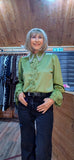 Emery Satin blouse with Pearl Collar and Floral Lace Green