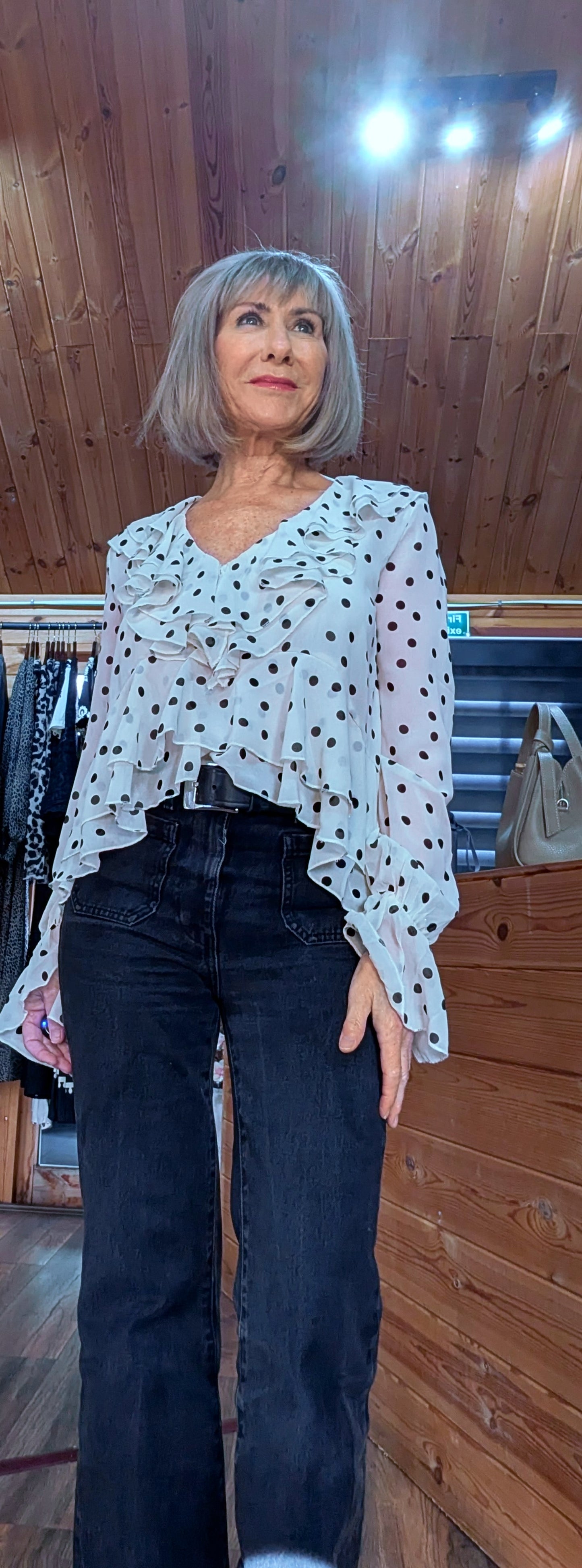 River Statement Frilled Blouse - Ivory with Black Polka Dots