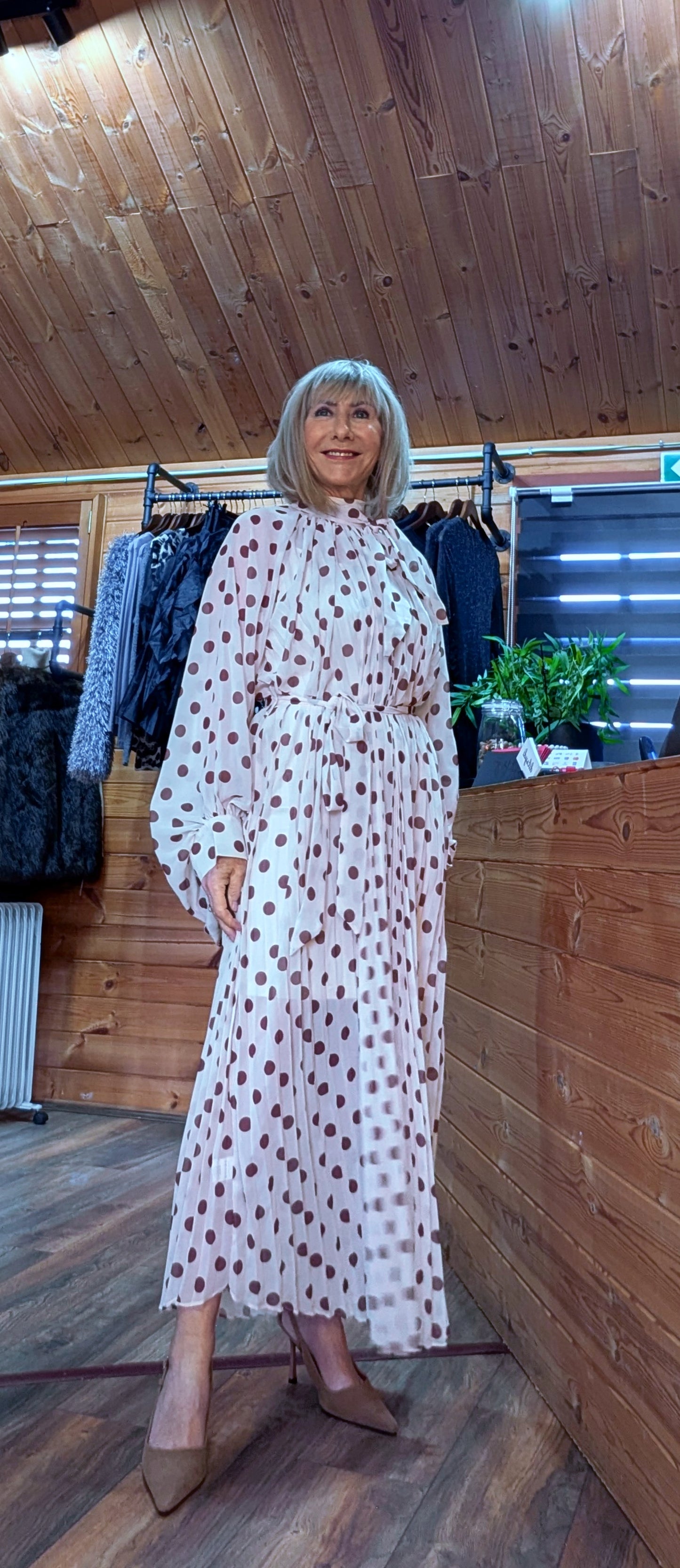 Natalya Ivory Polka Dot Pleated Dress Elegant Long Sleeve Occasion Dress