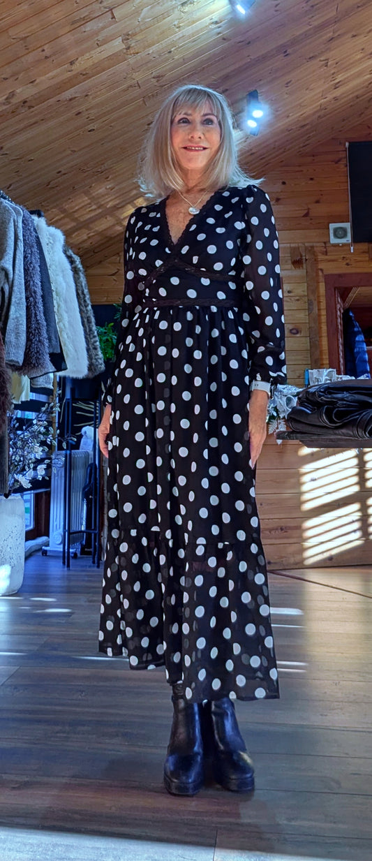 Hazel Polka Dot Print Lace Trim Long Sleeve Midi Dress In Black
