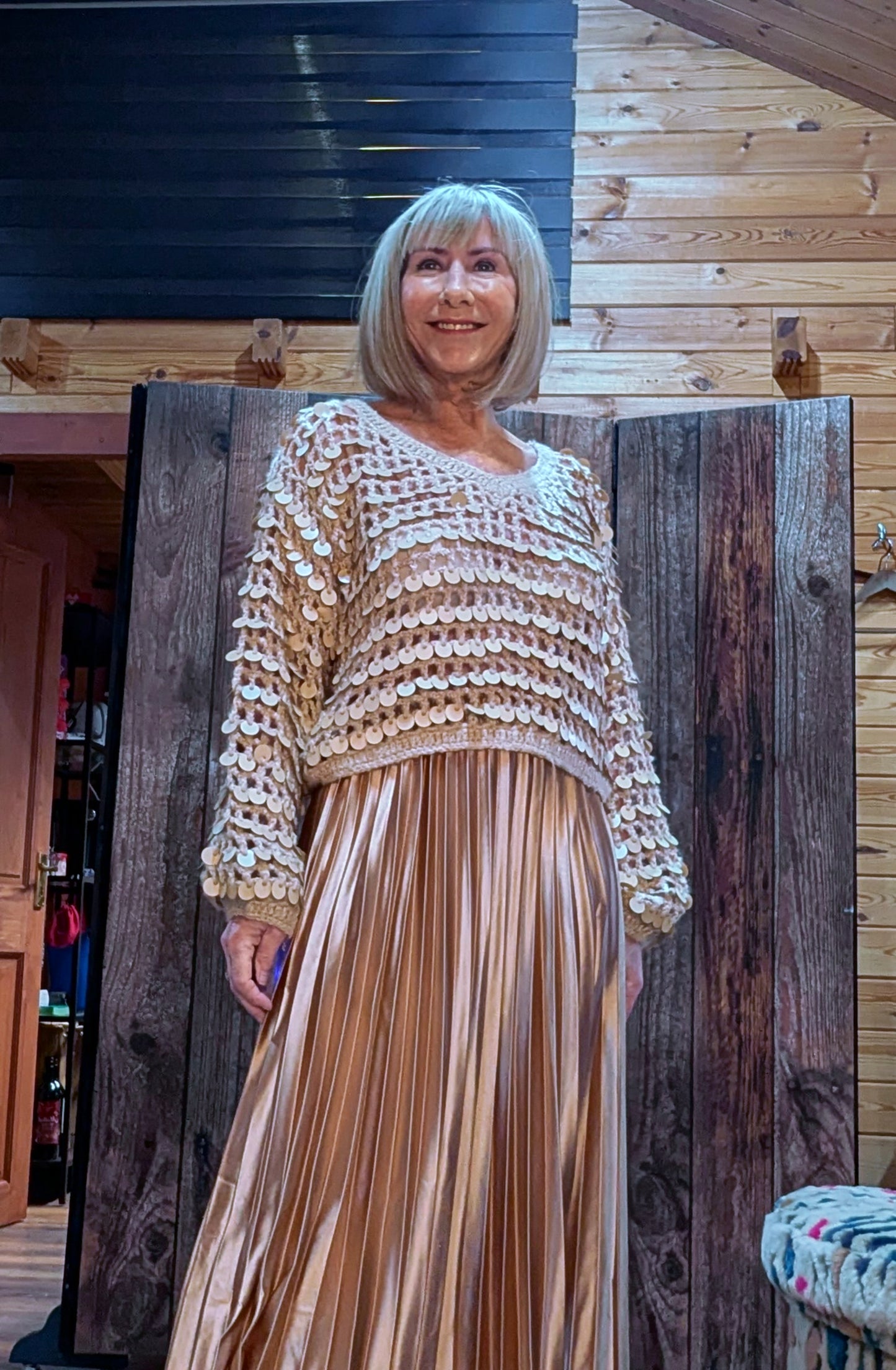 Gold v neck sweater top with large sequins