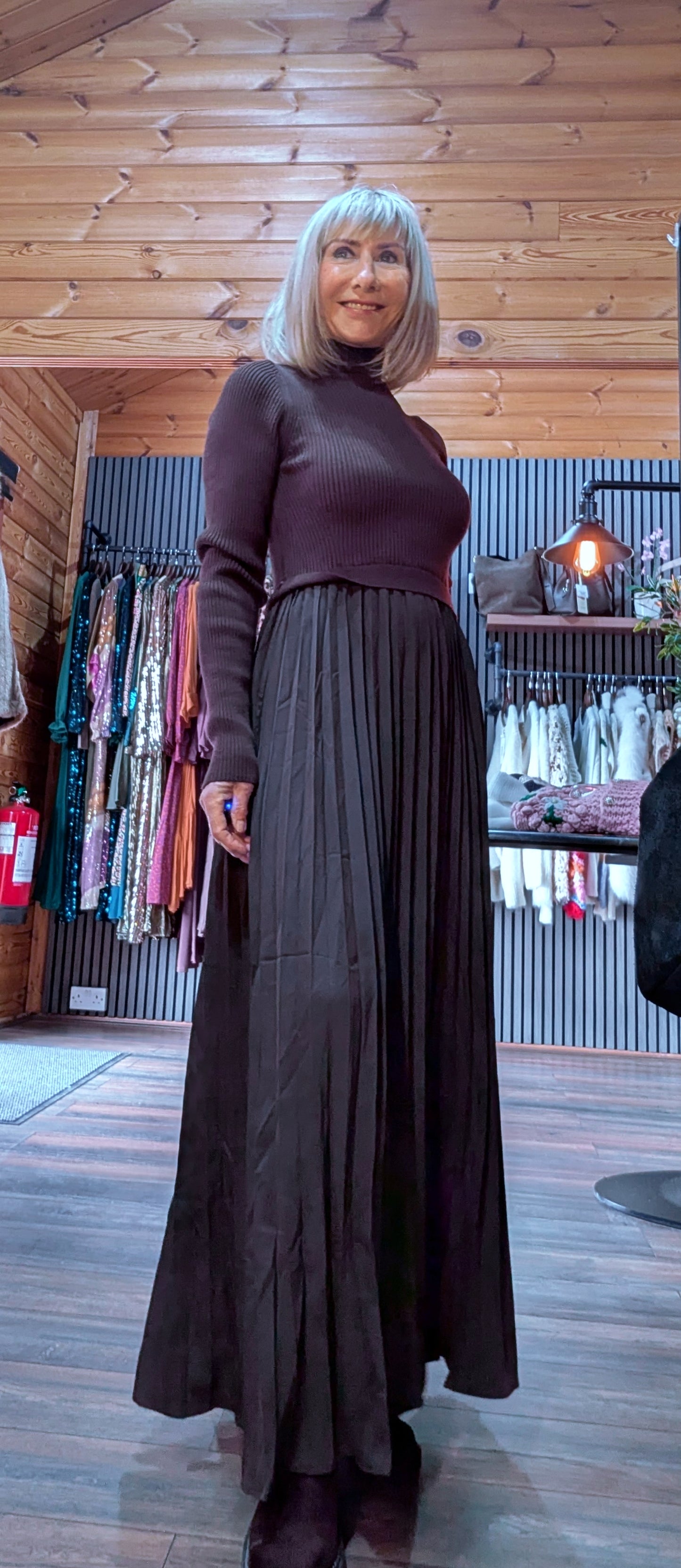 Haley Sweater Dress – High Neck with Pleated Maxi Skirt in Coffee or Black