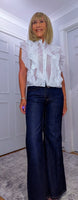 Margot Ruffle Blouse  Petite – Sleeveless Button-Up in White or Ecru