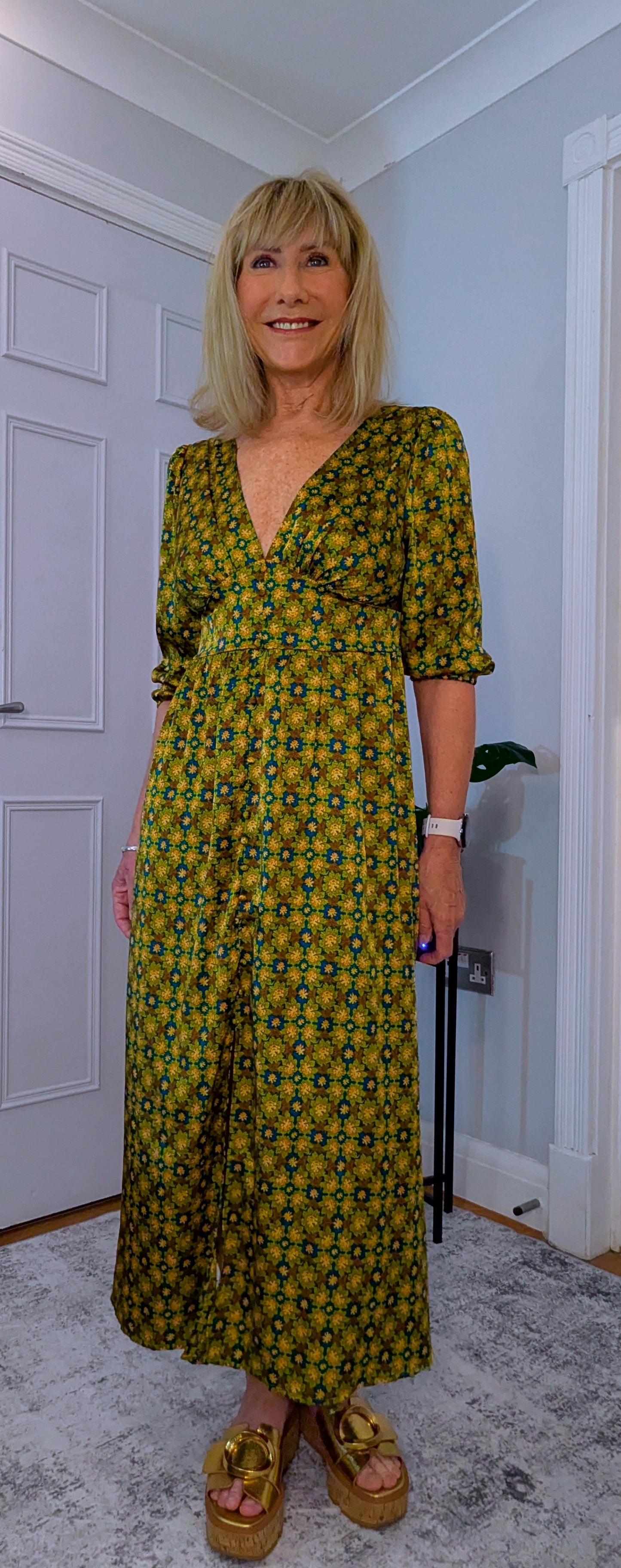Allegra  Midi Dress in Olive Green and Gold With Tie Back