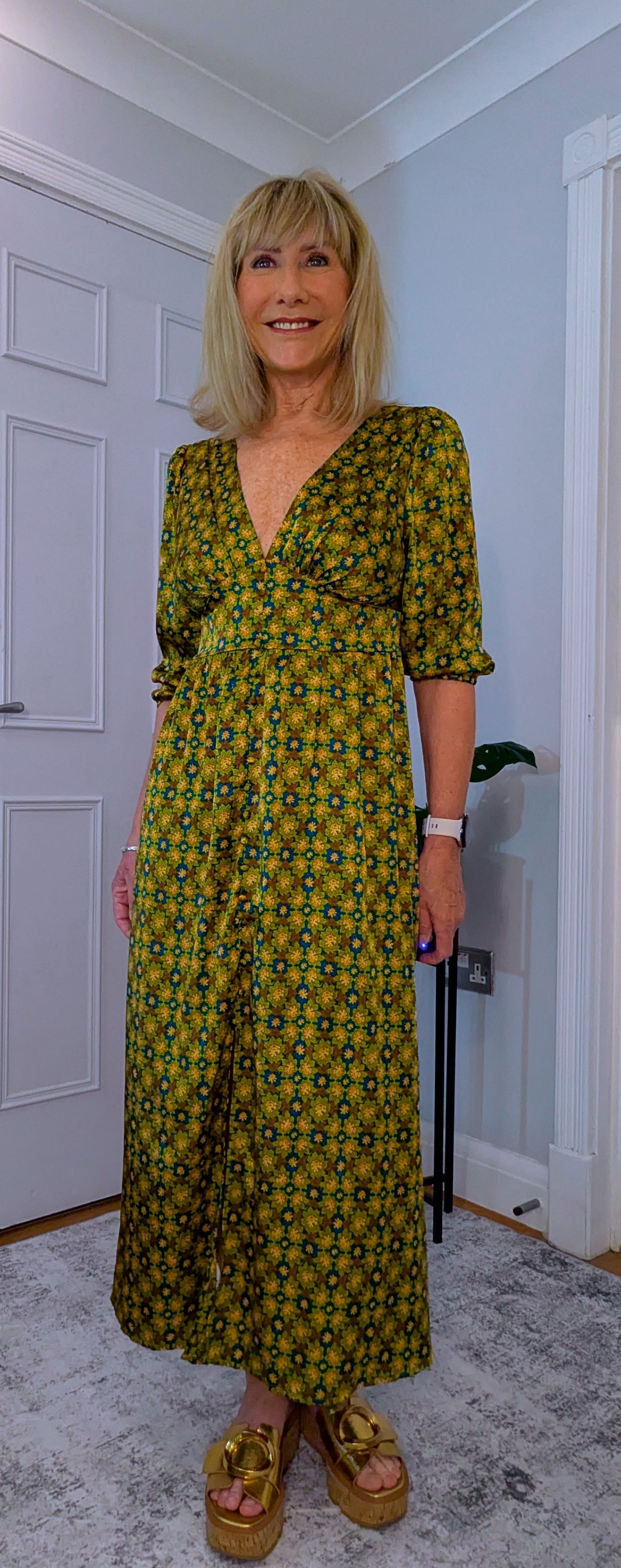 Allegra  Midi Dress in Olive Green and Gold With Tie Back