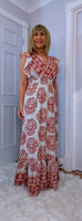 Nolan Boho Maxi Dress –Pink & Ecru, Flutter Sleeves, Elasticated Waist