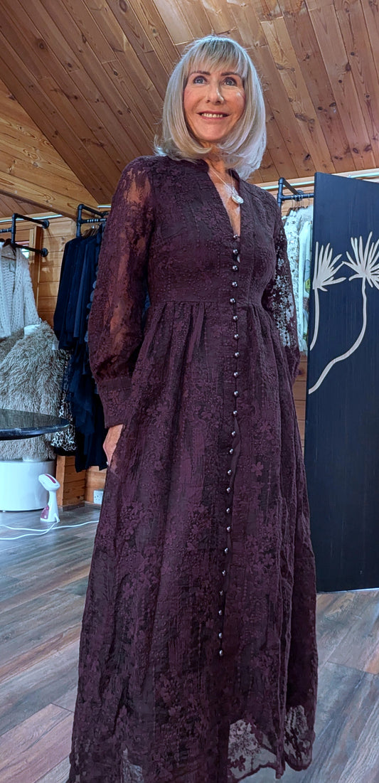 Marsha Coffee Lace Smock Dress – Pearl Button Front - Grandad Collar