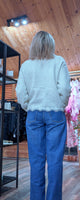 Misty Ivory Cardigan – Grey Piping & Embroidered Floral Detail