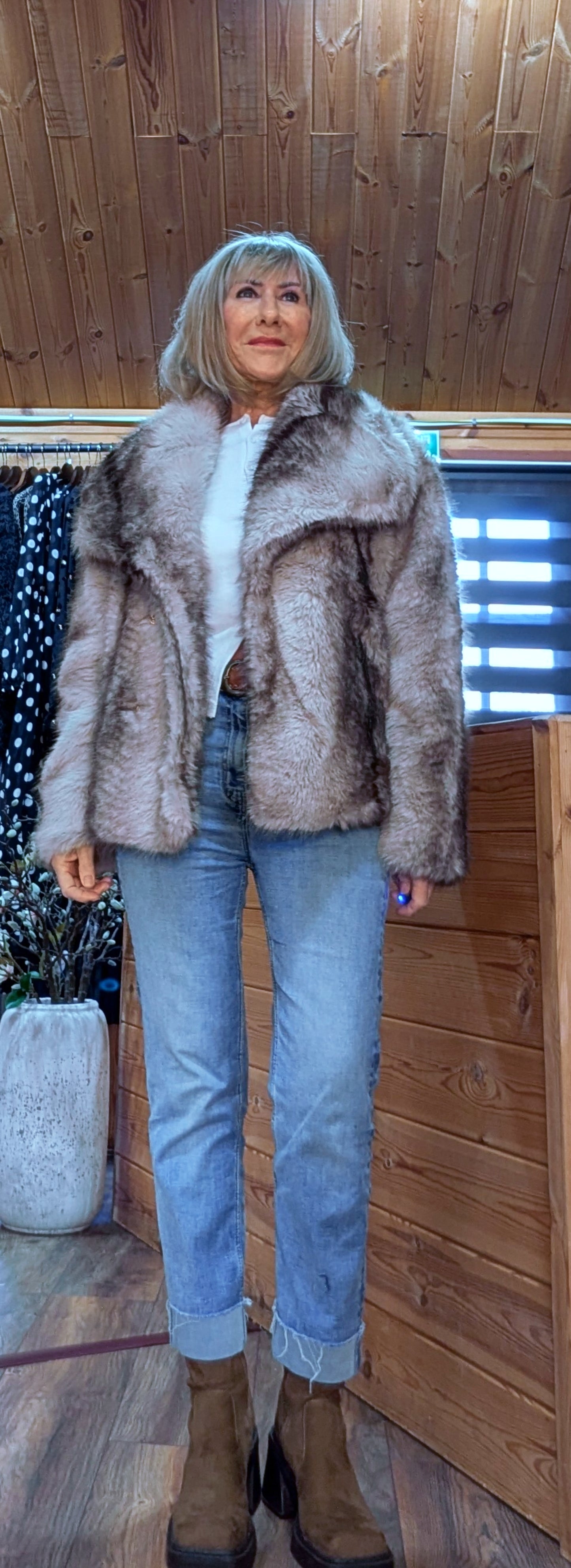 Charlotte Faux Fur Jacket Soft Beige with Sleeves with  Snap Closure