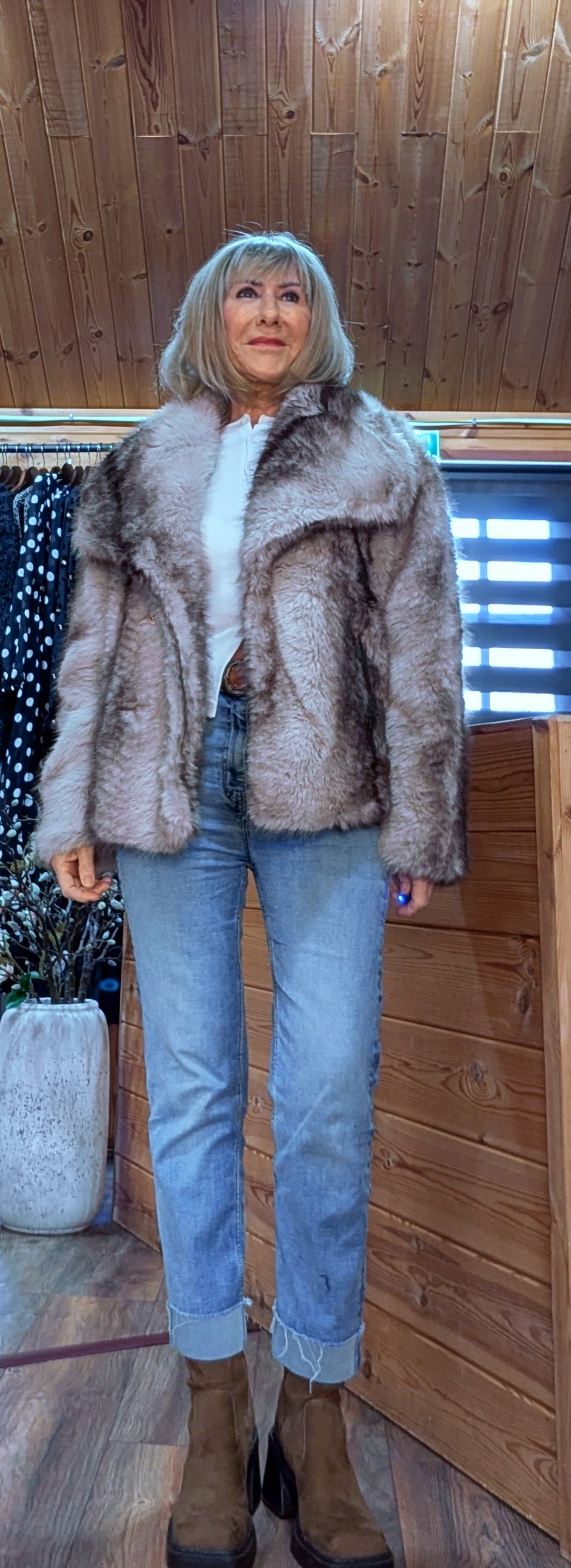 Charlotte Faux Fur Jacket Soft Beige with Sleeves with  Snap Closure