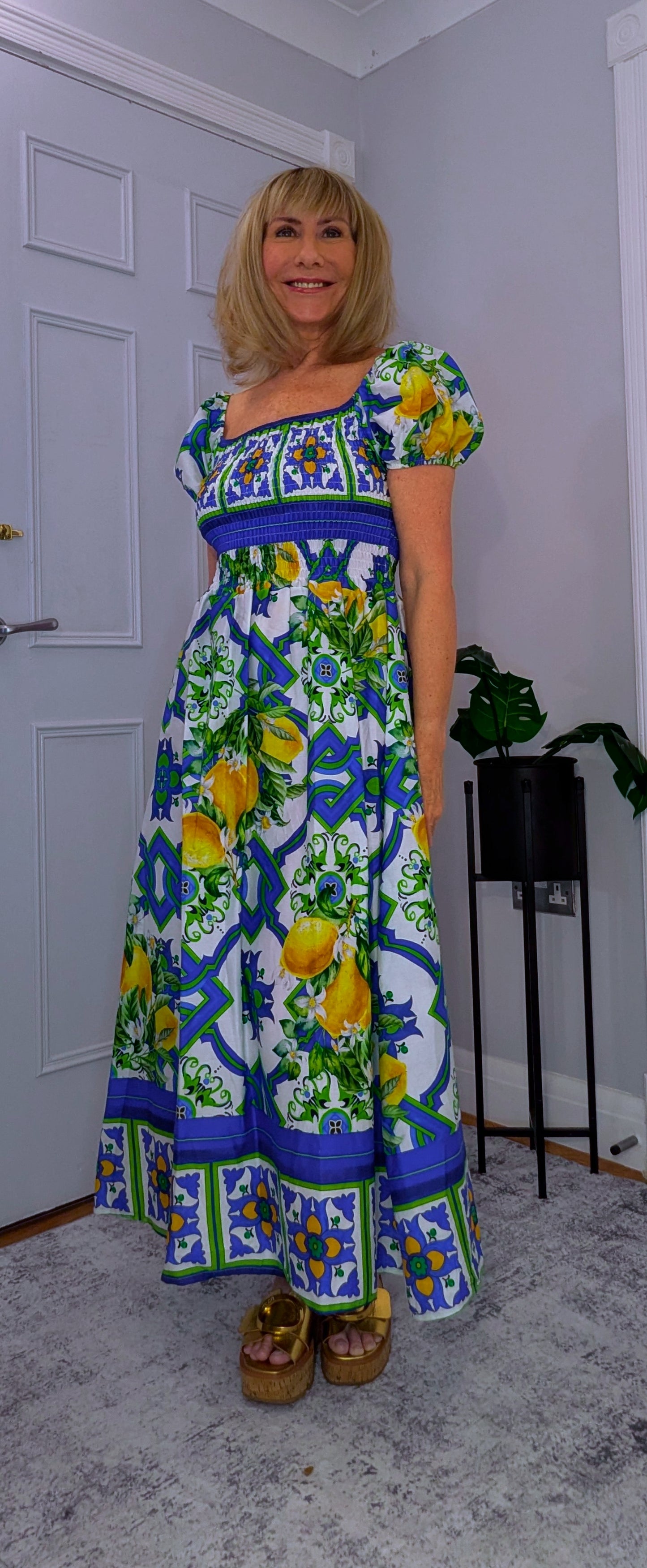 Blossom Bold Print Shirred Dresses On or Off Shoulder Blue