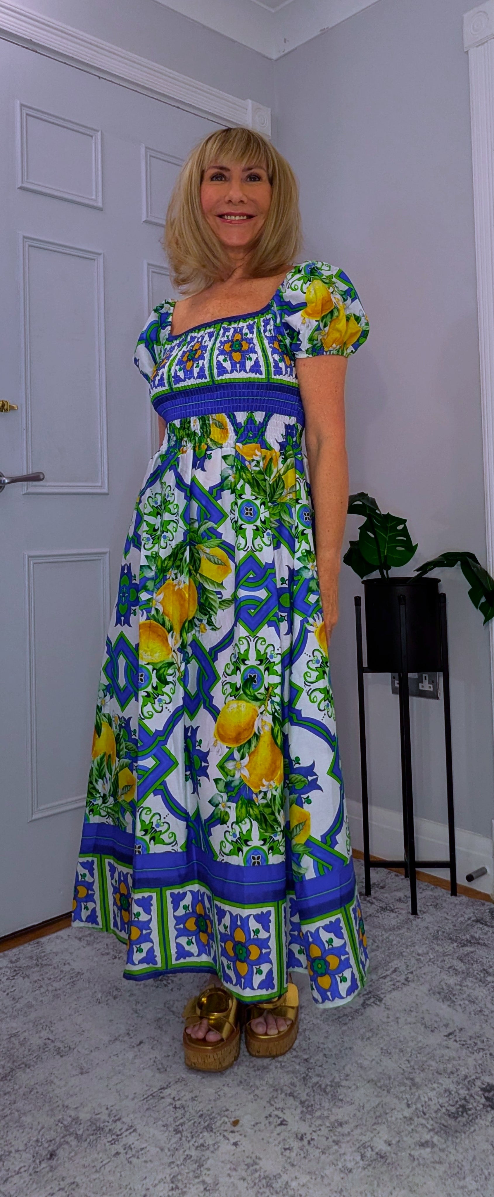 Blossom Bold Print Shirred Dresses On or Off Shoulder Blue