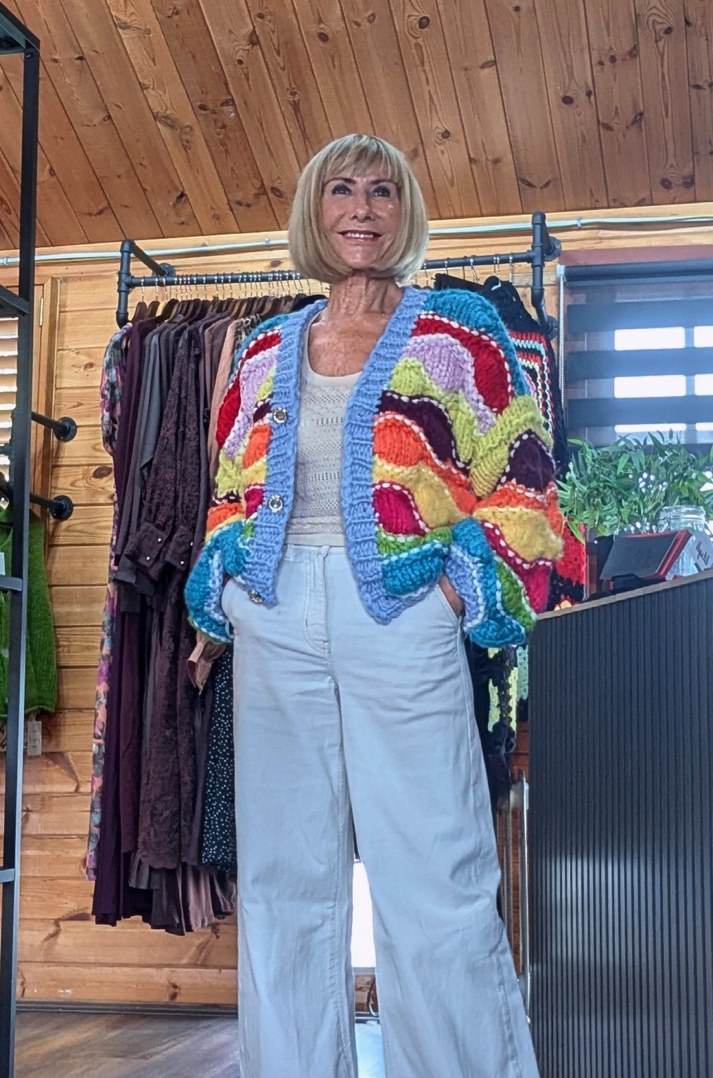 Lulu oversized multicolour cardigan with V neckline styled by ditydi UK Boutique