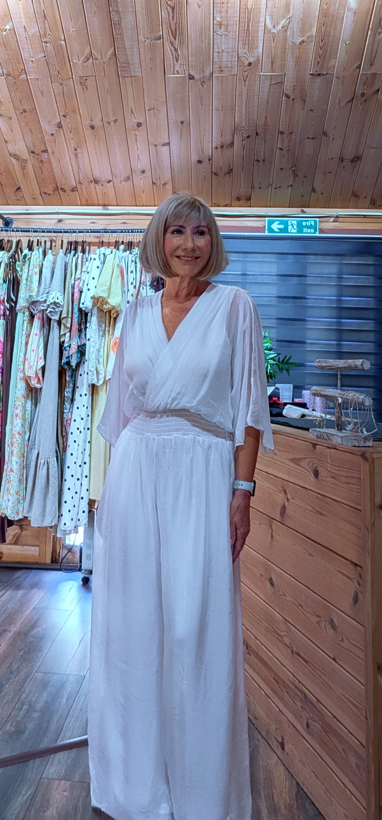 Bohemian white jumpsuit with cinch waist 