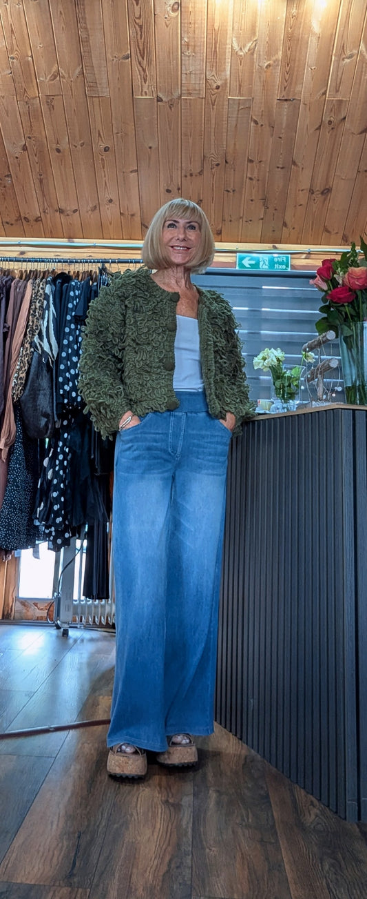 Dahlia khaki textured loop knit jumper with long sleeves