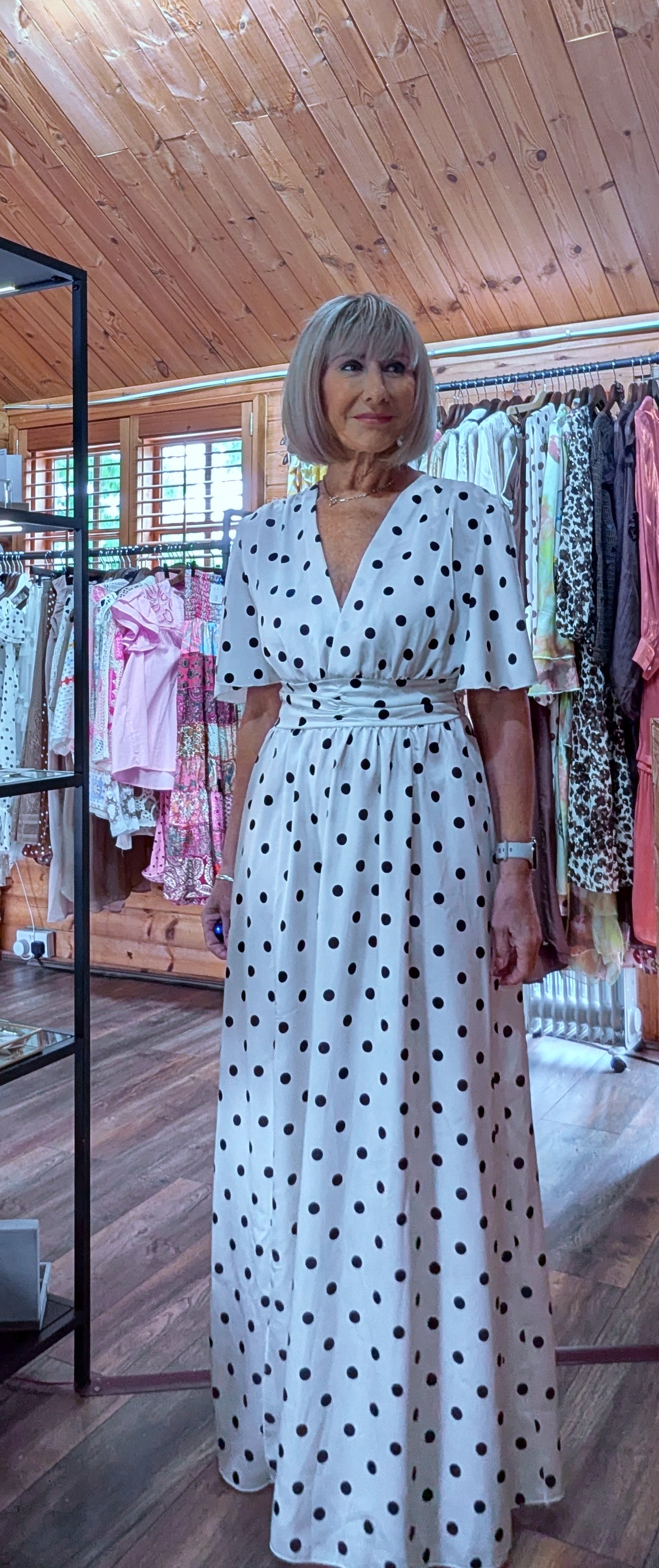 Satin polka dot maxi dress with V neckline