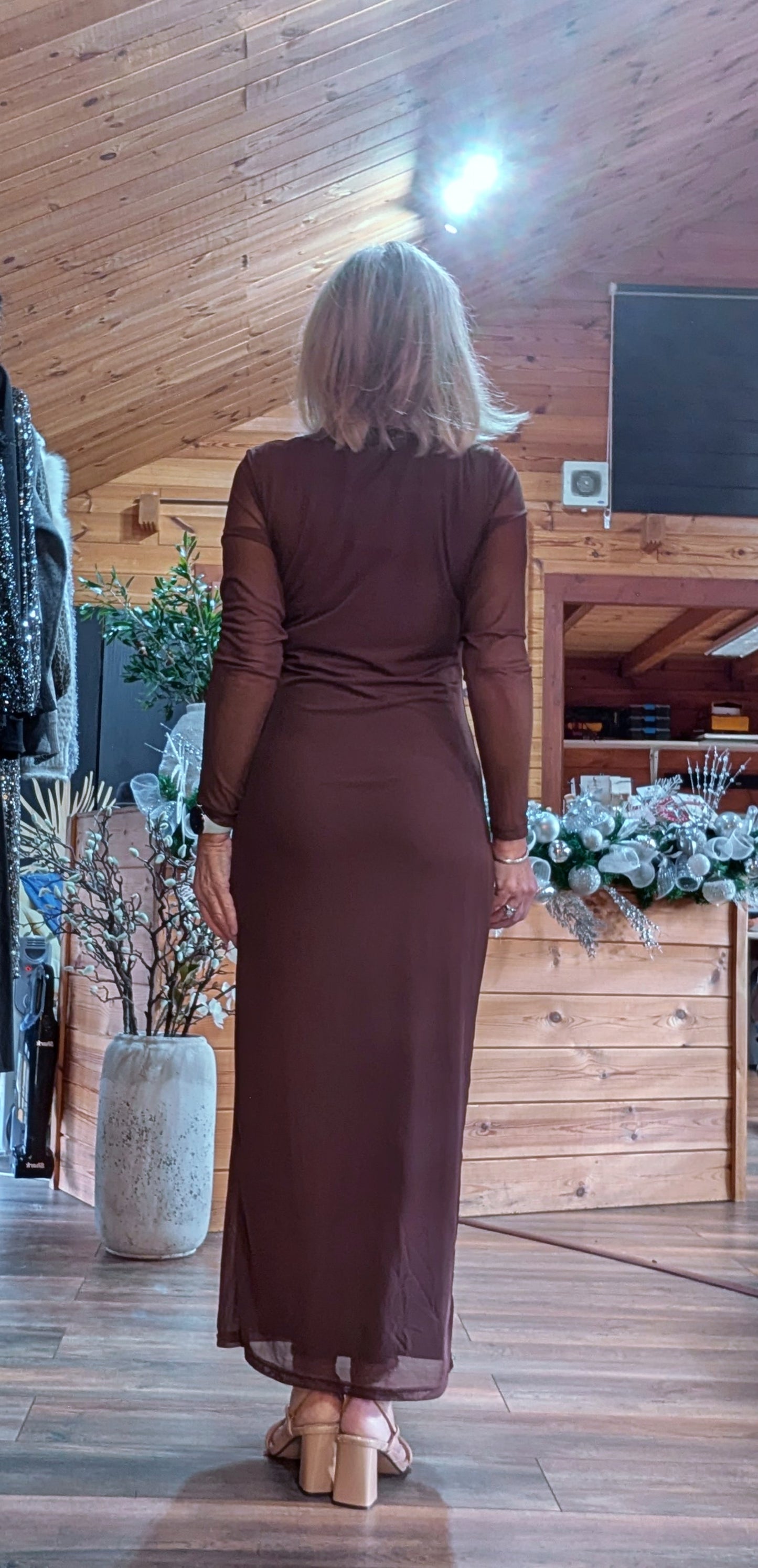 Monica Long Sleeves Mesh Midi Dress In Chocolate