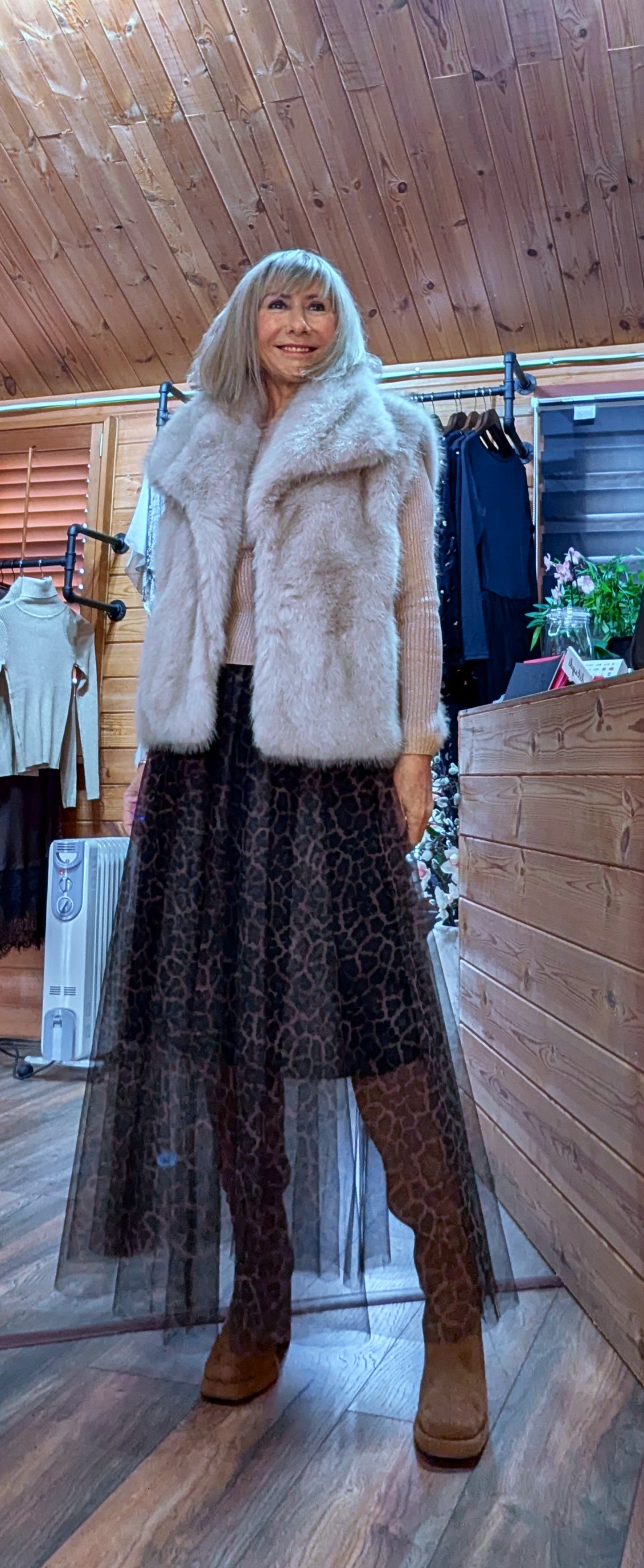 Callista Leopard Print Tulle Skirt – Fully Lined - Flowy Coco Collared Faux Fur Gilet –Taupe/Soft Beige