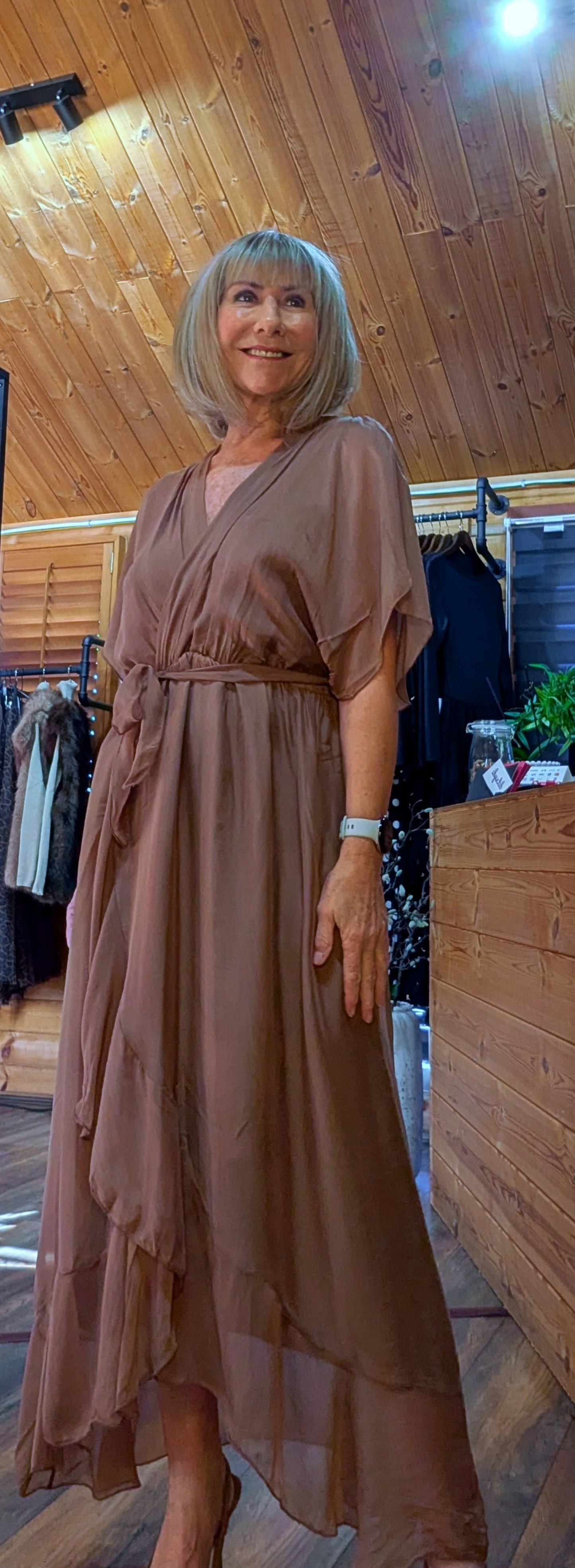 Elaine Silk Midi Wrap Dress with Tie Belt in Chocolate