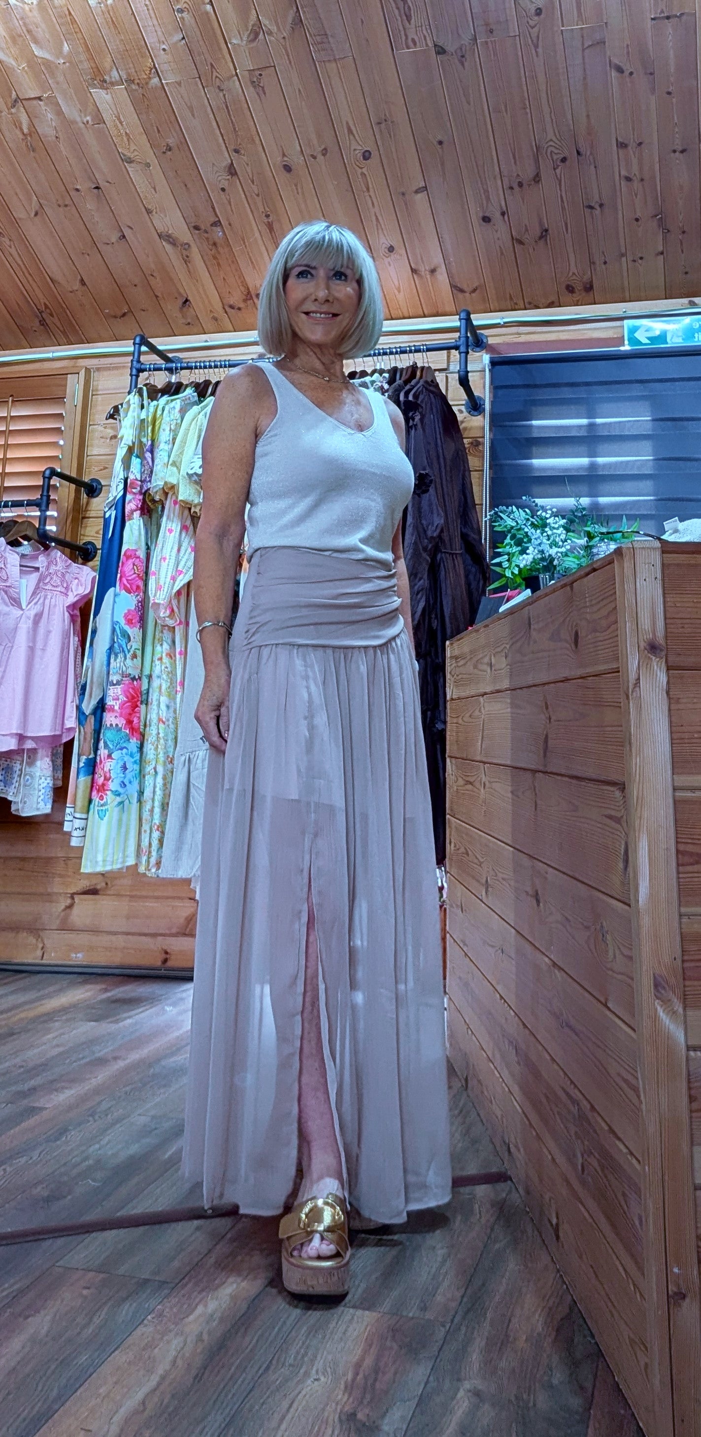 Tonia taupe voile maxi skirt with draped waistband