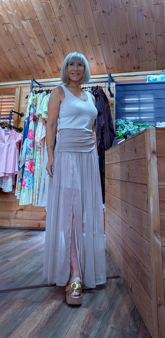 Tonia taupe voile maxi skirt with draped waistband