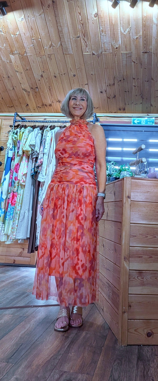 Natasha orange floral halter maxi dress