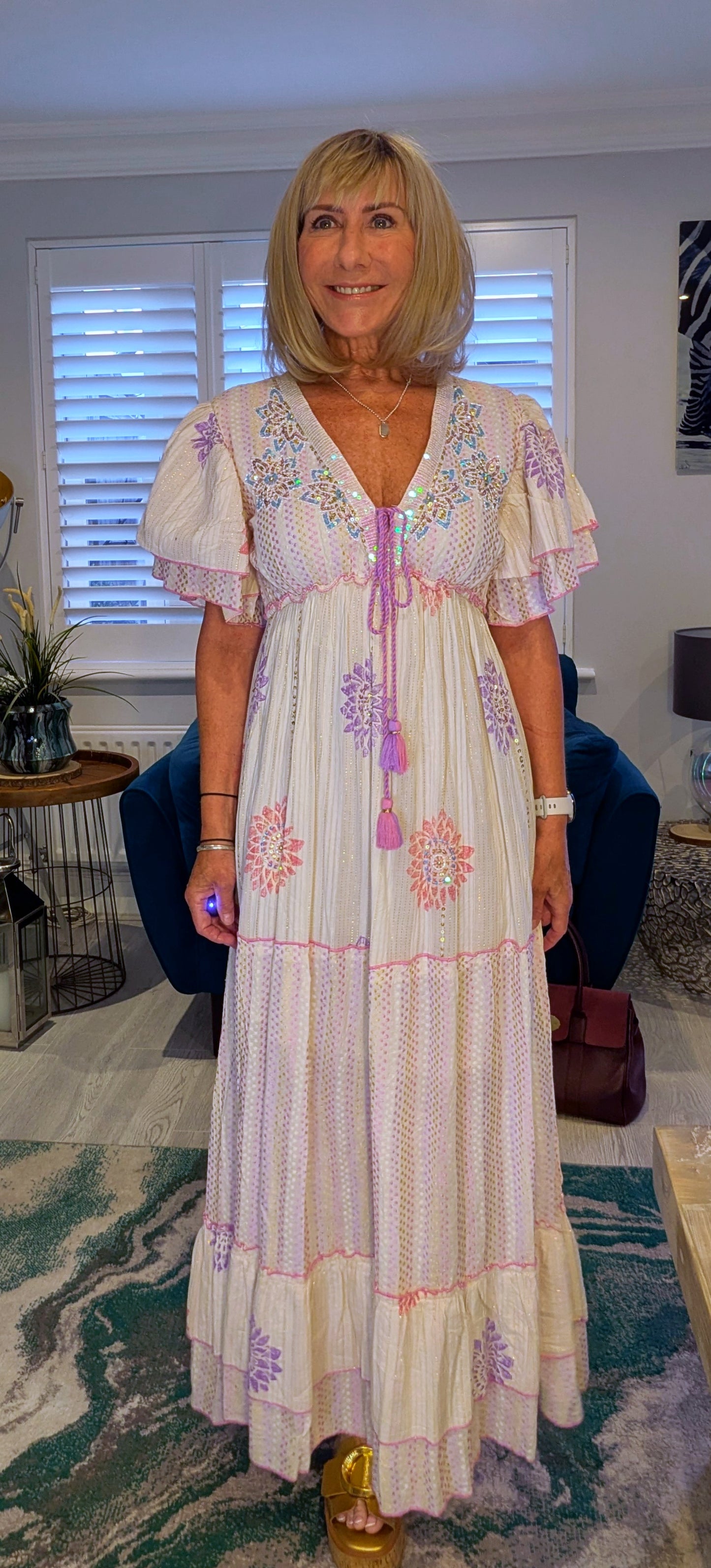 Rhea Bohemian Floral Maxi Dress In Lilac with sequins and tassels
