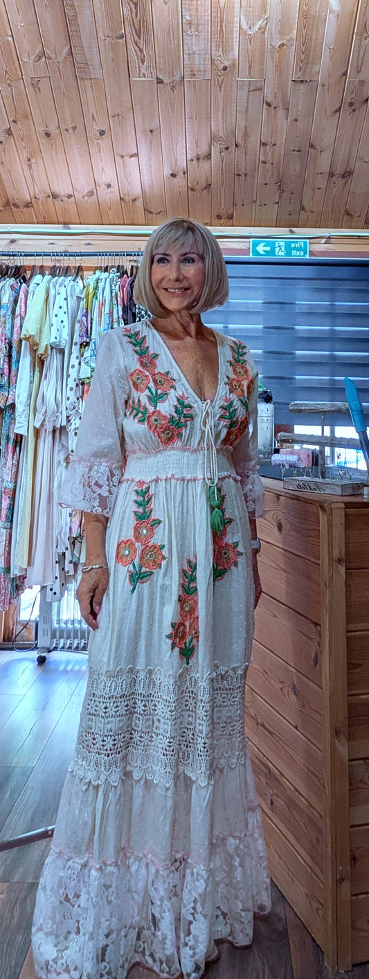 Mirabelle Bohemian Embroidery  Ivory Maxi Dress