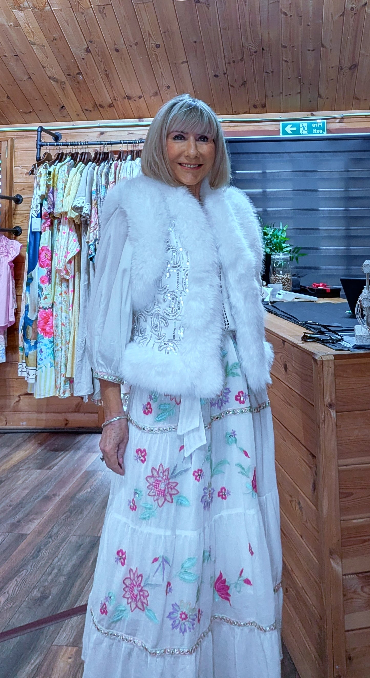 Goldie White Sequin Faux Fur Gilet  and summer dress outit